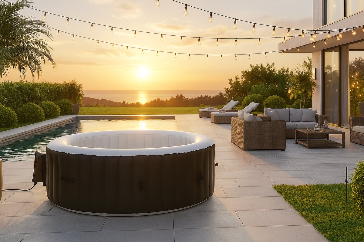 Opblaasbare Jacuzzi 4 Personen – Novihome Luxe Draagbare Spa Bubbelbad – Opblaasbare Whirlpool met Verwarming & Massagefunctie – 800L Zwart-Wit – Buiten & Binnen Gebruik – Energiezuinige PVC Wellness Spa