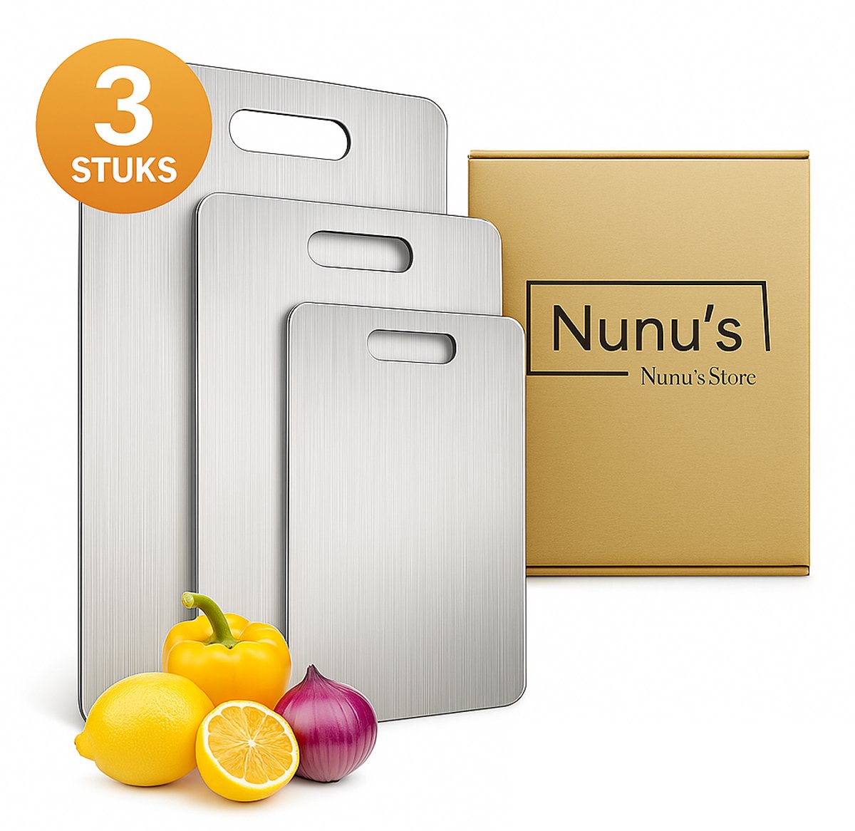 Snijplank – RVS Snijplankenset 3 Stuks | Antibacterieel | Titanium look | Vaatwasserbestendig | 33,5 x22,5 cm – 28,5x19,5 cm – 24,5x14,5 cm | cutting board