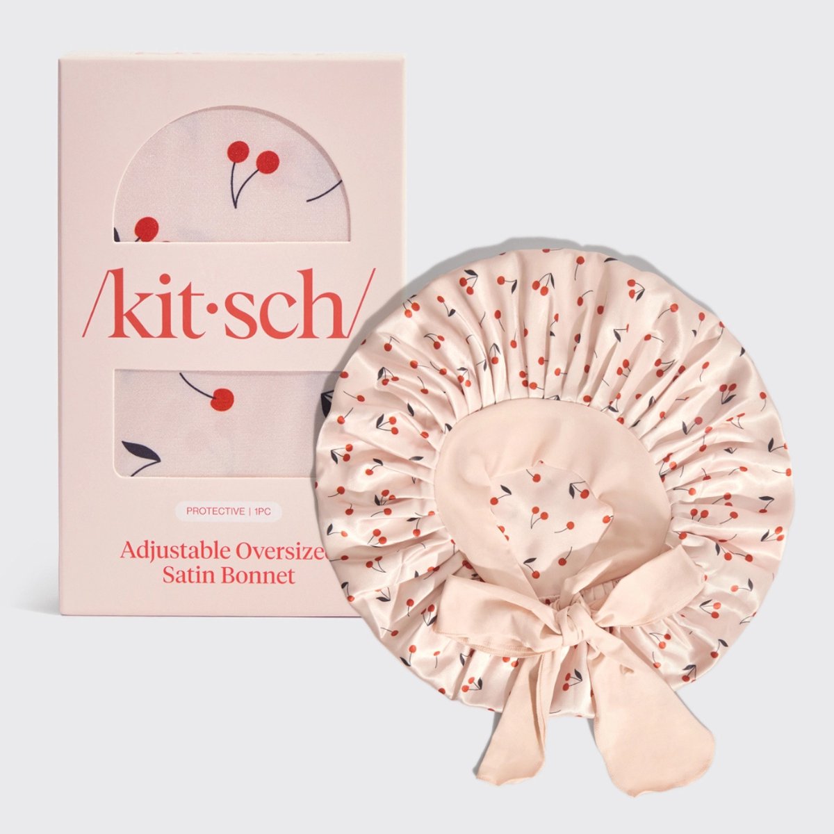 Kitsch Oversized Satin Bonnet - Verstelbare Satijnen Slaapmuts - Cherry Print - Anti-Frizz & Bescherming Tegen Haarbreuk