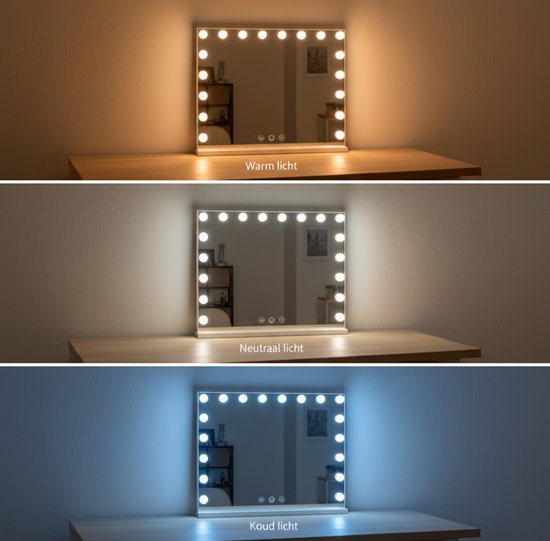 Hollywood spiegel met 15 LED lampen in warm, neutraal en koud licht.