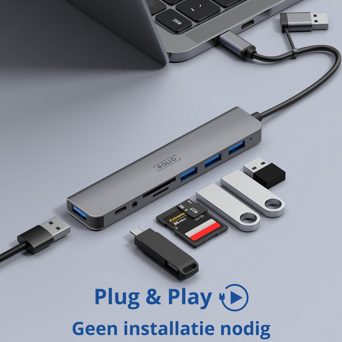USB-C hub 8-poorts met 4x USB-A, 2x SD/TF kaartlezer, 3.5mm Aux, USB-A converter – universeel, compact, space grey - Afbeelding 3
