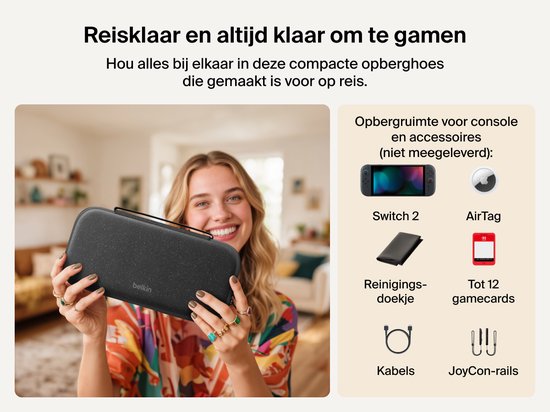 Een lachende vrouw met blonde haren houdt een grijze Nintendo Switch 2 hoes van Belkin vast. Ernaast een lijst met inhoud.