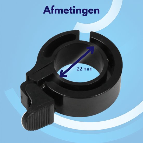 Zwarte, compacte fietsbel met pijl die de diameter van 22 mm aangeeft.