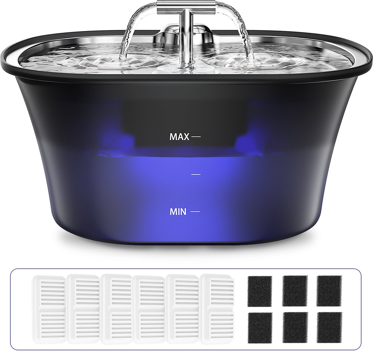Balimo Max® Drinkfontein Kat - RVS - 2.5 L - LED - Incl. 6 Filters en cleaning tool - Waterfontein voor Katten en Honden - Drinkbak Kat - Waterfontein - Fluisterstil - Zwart
