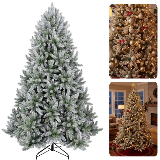 Cheqo® Sapin de Noël Artificiel - Sapin de Noël Enneigé - Sapin de Noël Vert - Look Réaliste - Forme d'Aiguille Naturelle - Construction à Charnière - Sapin de Noël Fourni - Arbre Luxuriant - Sapin de Noël 180 cm