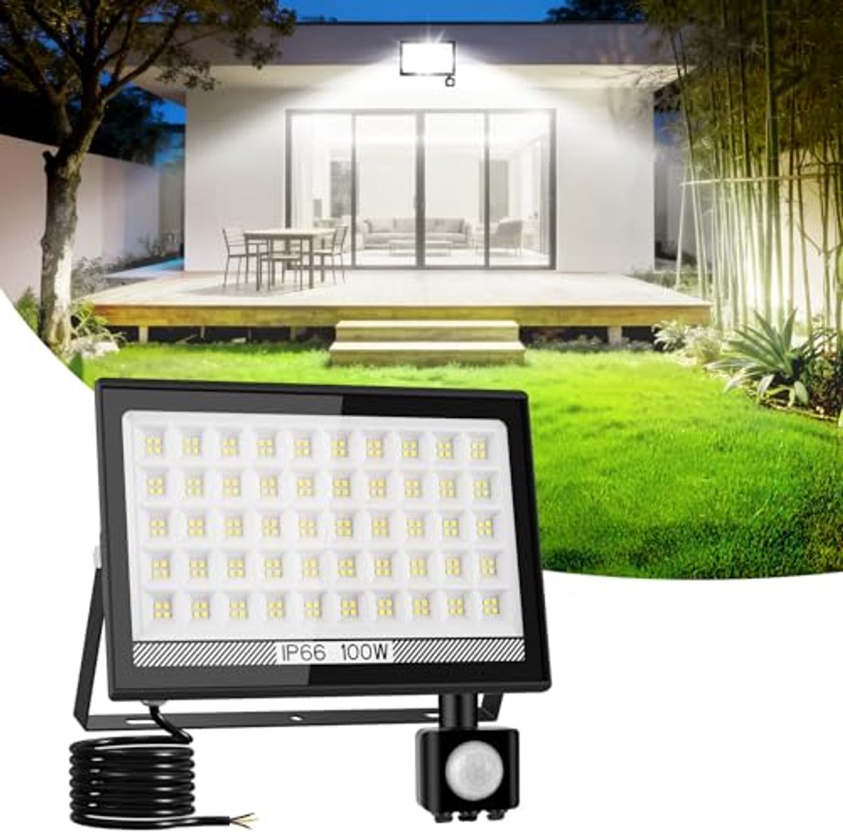 Led-spot met Bewegingsmelder voor Buiten - 100 W, IP66 Waterdicht, 6000 K, Superhelder, Voor Tuin en Garage