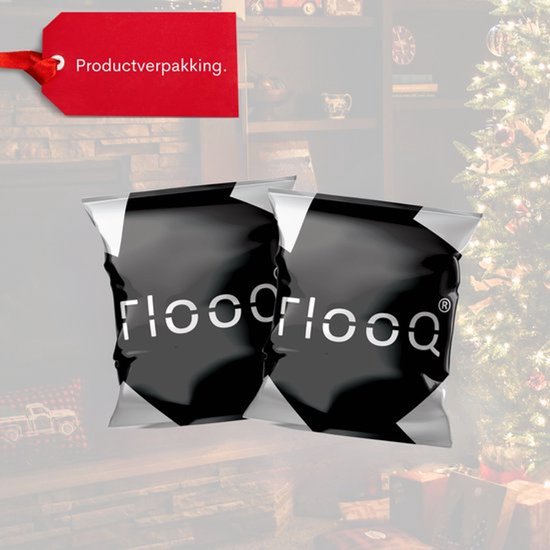 Deux emballages noirs avec des logos FLOOQ blancs, dans une ambiance de Noël.