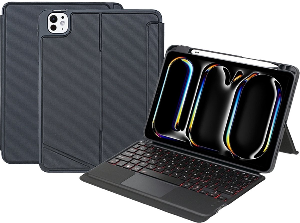 Mobigear Tablethoes geschikt voor Apple iPad Pro 11 Inch (2025) Hoes | Mobigear Detachable Rotating QWERTY Bluetooth Toetsenbord Bookcase + Stylus Houder - Zwart