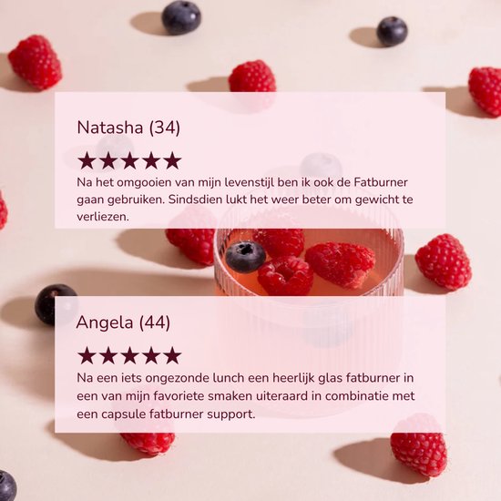 Klantenbeoordelingen van Cabau Fatburner, kersensmaak, met fruit op de achtergrond.