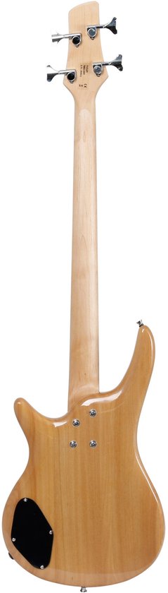 Een lichte houten basgitaar, van de achterkant bekeken. Met een zwarte slagplaat en chromen stemmechanieken.