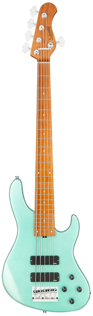 Sadowsky MetroExpress 24-5 Modern Roasted Maple Solid Sage Green Metallic High Polish 5-snarige basgitaar met gigbag