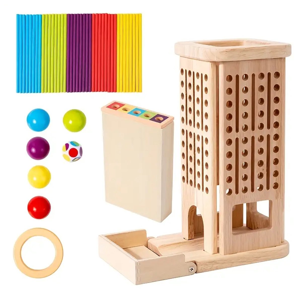 Zeshoekig Montessori Stokspel – Familie Geduldsspel met 40 Kleurrijke Stokken, 5 Ballen & 1 Dobbelsteen – Evenwicht & Concentratie Spel – Peuters & Kinderen – Vakantie- & Verjaardagscadeau