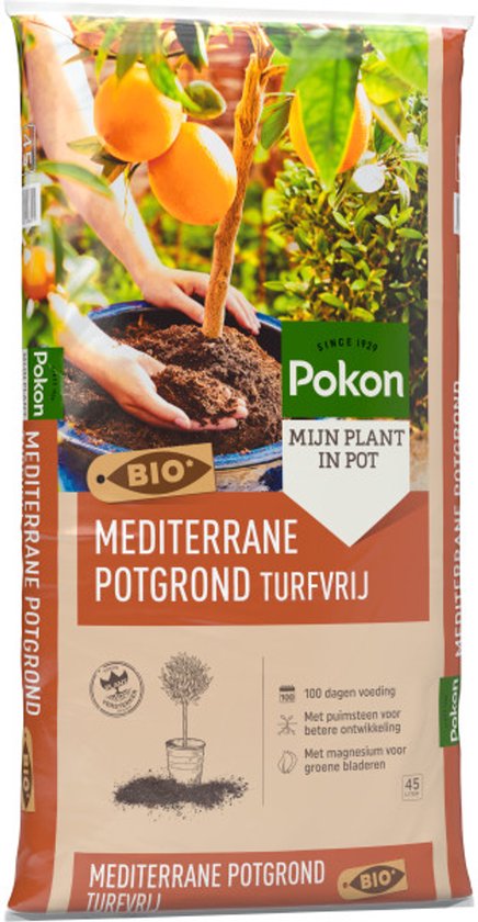 Zak Pokon Bio Mediterrane Potgrond Turfvrij, met afbeelding van handen die een plant in een pot poten onder een oranjeboom, 100 dagen voeding.