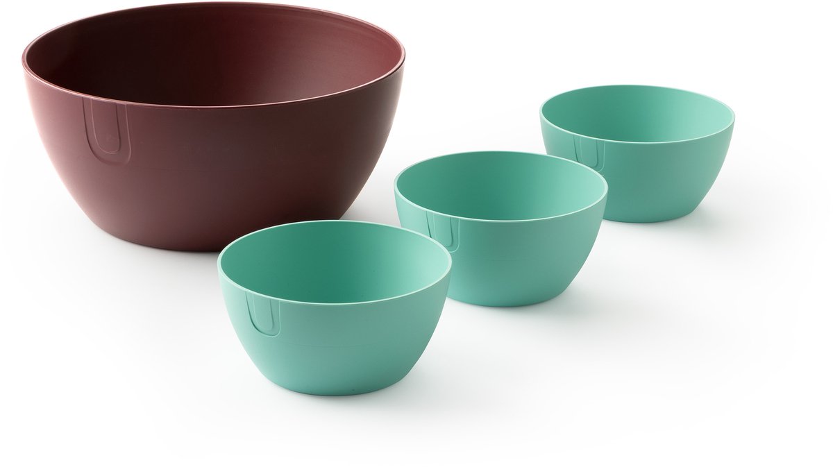 UBITE set – bio-based saladeschaal burgundy rood (XL - Ø 27) + set van 3 bio-based bowls aquamarine groen (S - Ø 13) - saladeschaal/saladekom/kom/schaal/bakje/duurzaam
