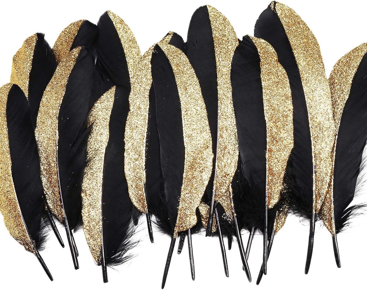 Provento - Feestdecoratie Veren 42 Stuks Goud/Zilver Jaren 20 Gatsby Decoratie Kinderknutselwerk Halloween Carnavalskostuum Accessoires Zwart-Goud
