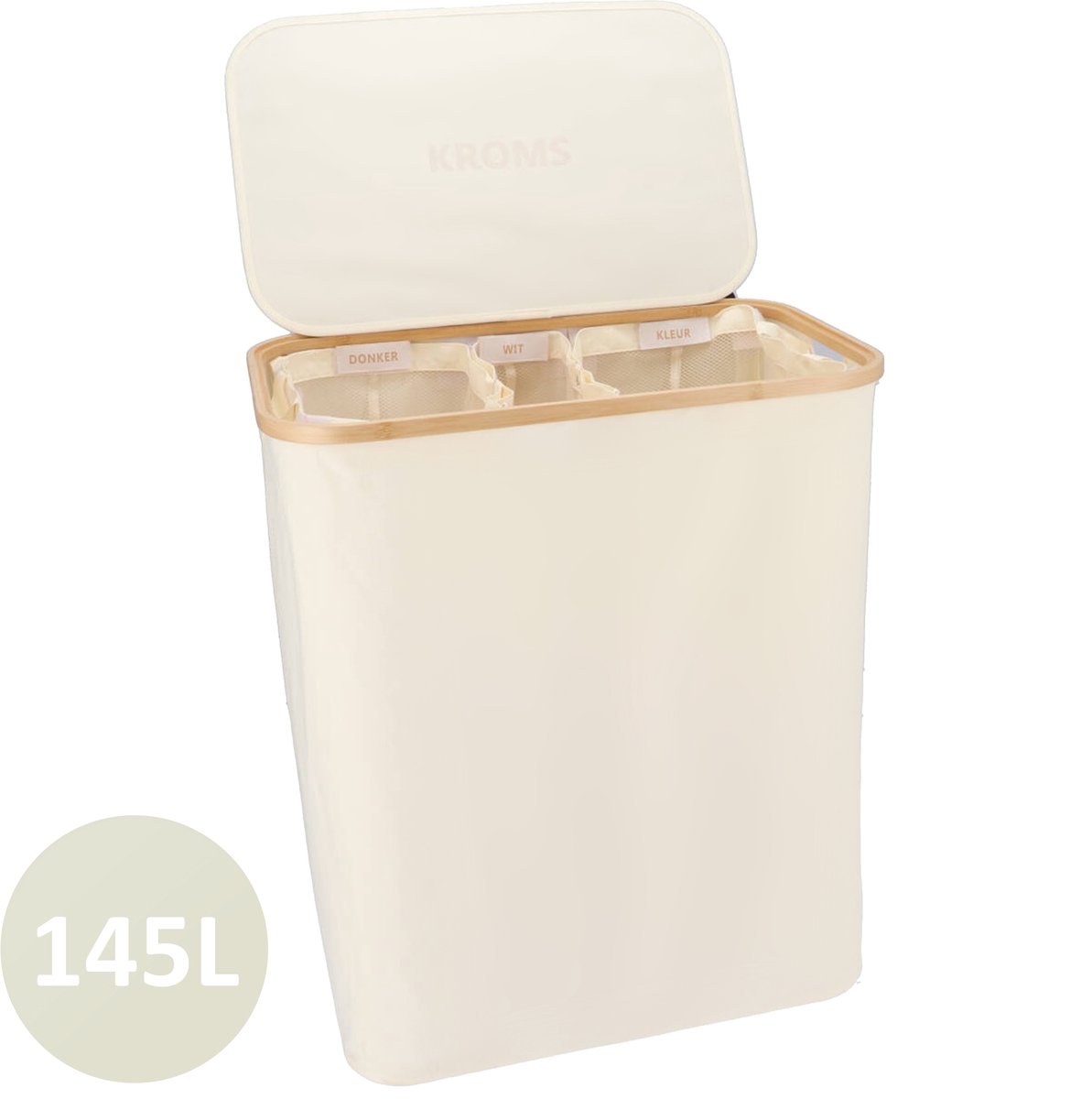 KROMS Wasmand 3 vakken - Beige - 145L - Inclusief NL & ENG labels - Wassorteerder bamboe - Laundry basket - Wasmand met deksel - 145L