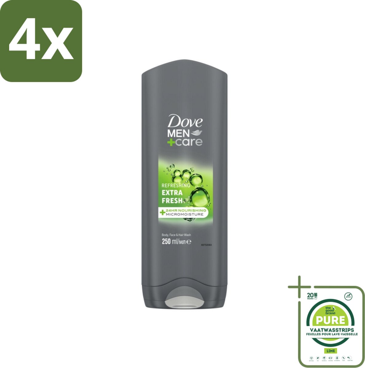 Dove Men+Care Douchegel - Extra Fresh - 250 ml - Voordeelverpakking - 4 stuks - Douchegel - Mannenhuid