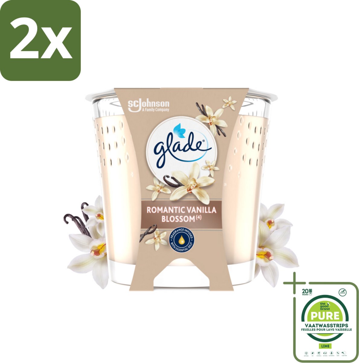 Glade - Geurkaars Romantic Vanillebloesem - 100% Raapzaadwas & Vegan - 112 g - Voordeelverpakking - 2 stuks - Geurkaars - Vanille geur