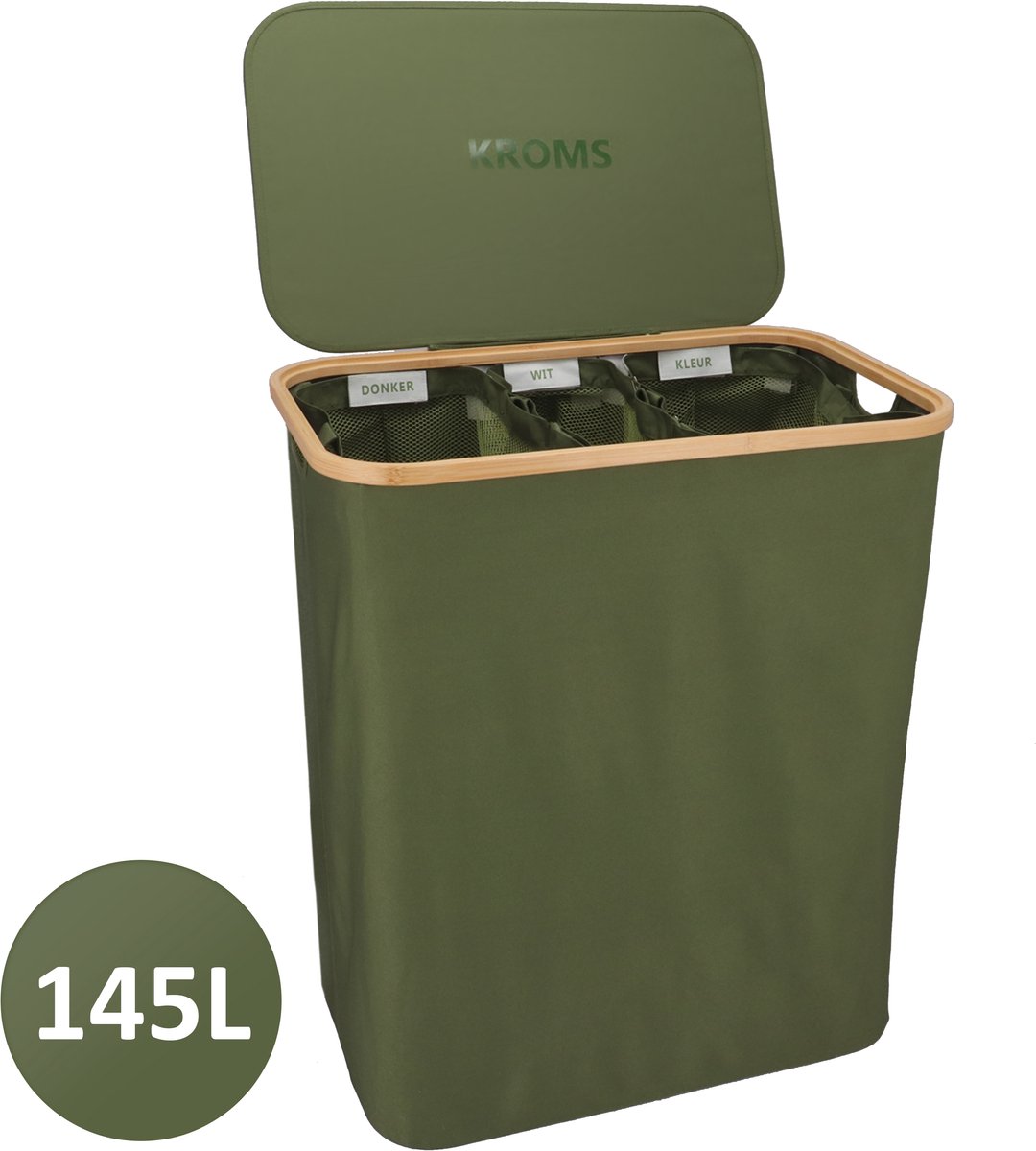 KROMS Wasmand 3 vakken - Olijfgroen - Inclusief NL & ENG Labels - Wassorteerder bamboe - Laundry basket - Wasmand met deksel - 145 L