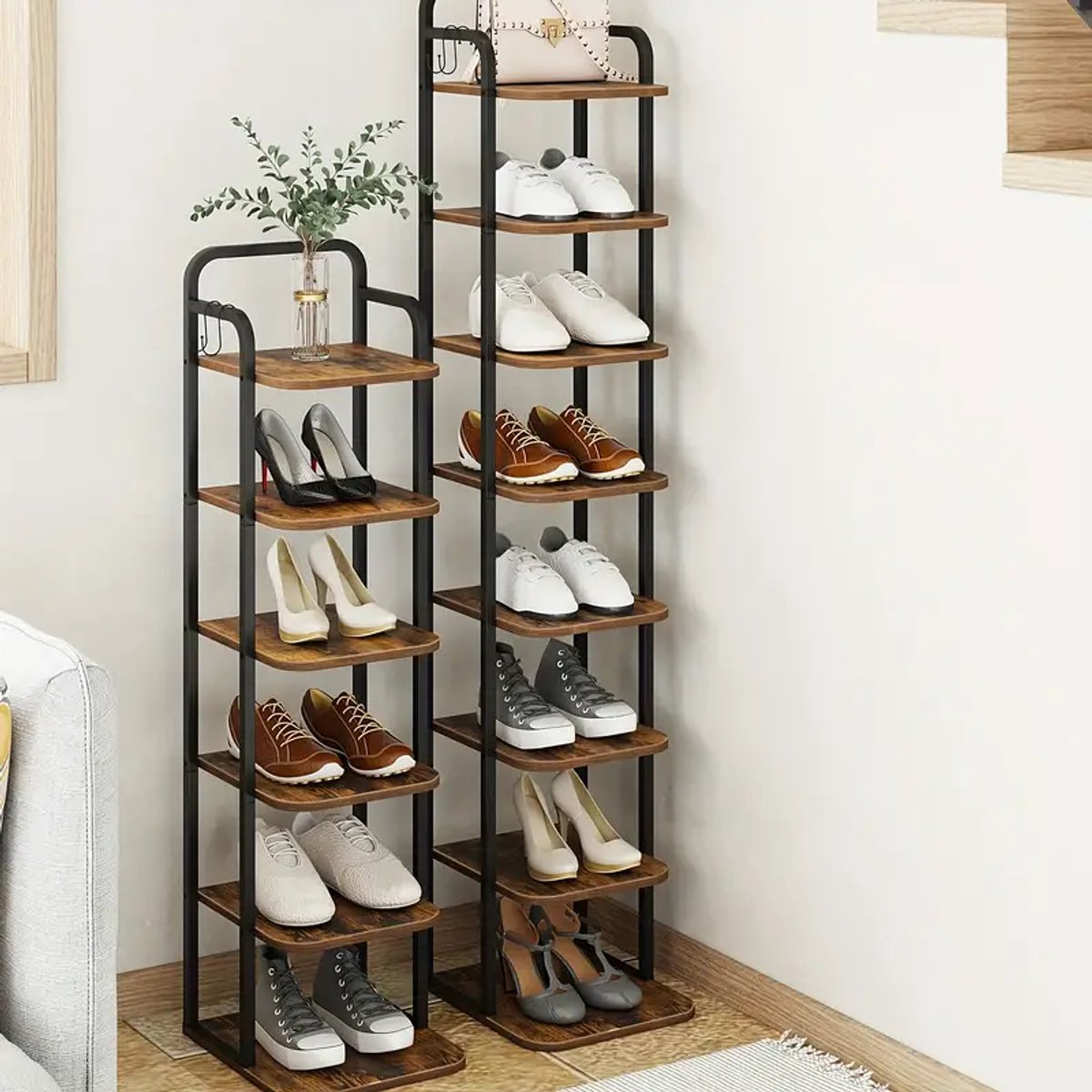 Ruimtebesparende Houten Schoenenrek Met 8 Niveaus - Stevig Ontwerp In Rustiek Bruin & Zwart - 135x26x30 cm
