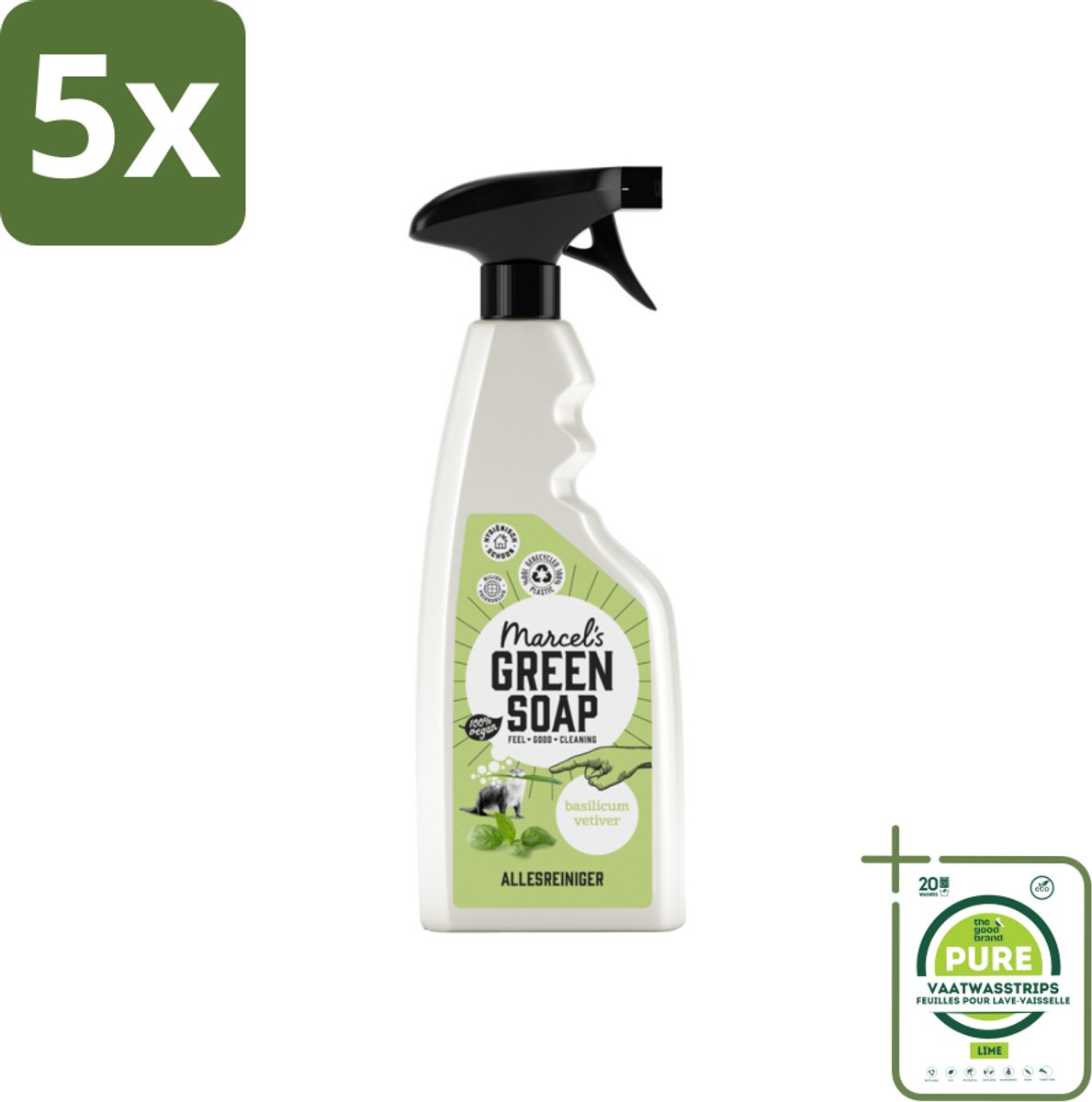 5 x Marcel's Green Soap - Allesreiniger Spray - Basilicum & Vetiver gras - Natuurlijk & effectief - 500 ml - Grootverpakking - Allesreiniger - Schoonmaakspray - Milieuvriendelijk - Biologisch Afbreekbaar - Vegan