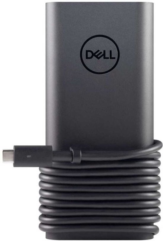 Zwarte Dell 130W USB-C adapter met logo en opgerolde kabel.