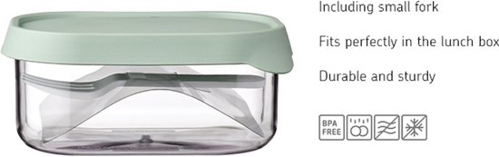 Boîte à lunch transparente avec couvercle vert pâle. Inclus couverts vert pâle. Durable et robuste.