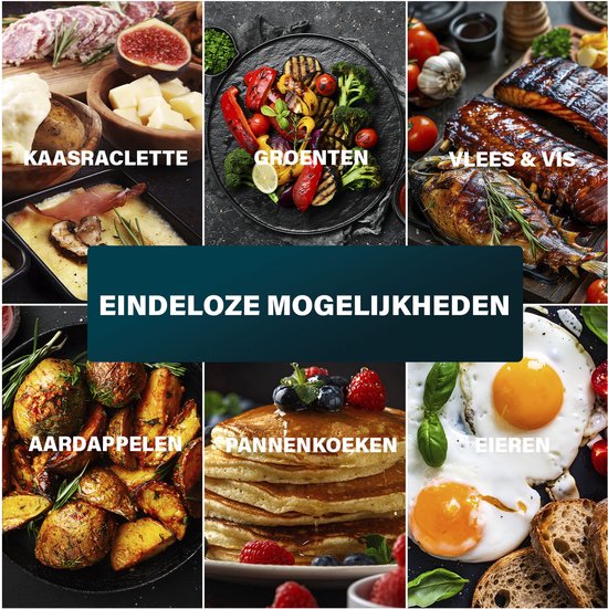 Collage toont kaasraclette, gegrilde groenten, vlees en vis, aardappelen, pannenkoeken en eieren.