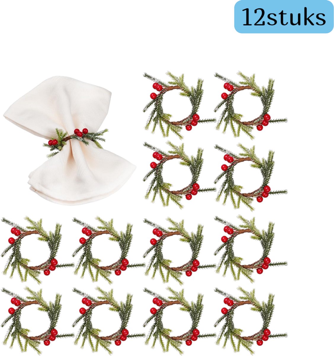 12 stuks - Kerstversieringen - Servetringen - Kerstkransen - Kandelaarringen - Met dennennaalden en rode bessen - Natuurlijk en sfeervol - Kersttafelversieringen - Geschikt voor Kerstmis - Groen