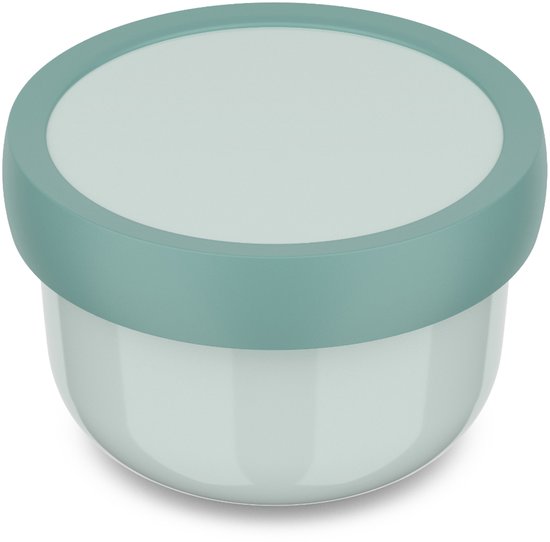 Pot de conservation rond vert avec une bande vert menthe autour du couvercle.