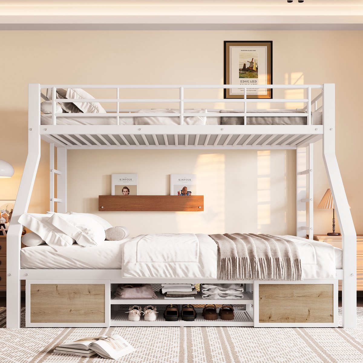 90 x 200 cm - 140 x 200 cm - stapelbed - kinderbed - met schoenenkast - opbergruimte - zonder matras - wit