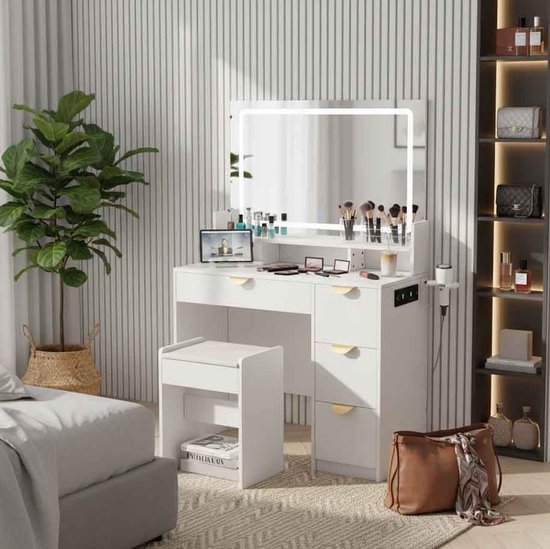 Foto: Luxe kaptafel met led spiegel kruk adfbl make up tafel 90 cm met stopcontact usb bureau met 4 lades gouden grepen 3 lichtkleuren dimbaar wit
