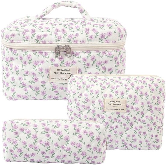 3-Delige Set Make-up Tas & Toilettas Bloemenpatroon – Draagbare Gewatteerde Cosmetische Tasjes voor Meisjes en Vrouwen – Grote Capaciteit Reistas Organizer met Ritssluiting