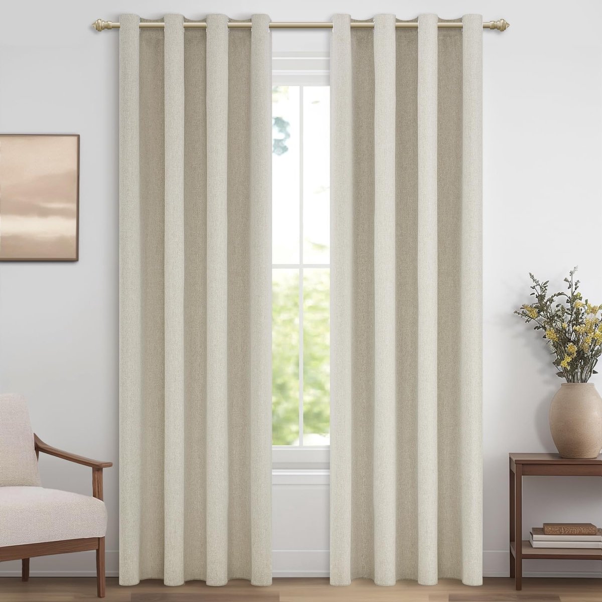 Unyqoos Set van 2 linnenlook verduisteringsgordijnen met thermische isolatie, 140x225 cm natuurlijk