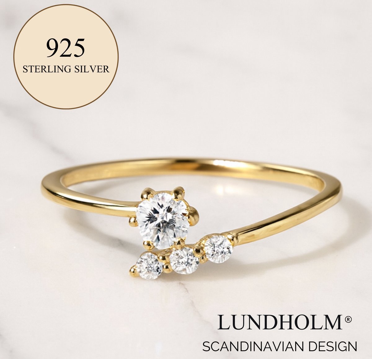 Lundholm 925 Sterling Zilveren Dames Ringen Goud Verguld met Zirkonia Steentjes - cadeautje vrouw Luxe Dames Ring Verstelbaar - Vrouwen Cadeautjes verjaardag cadeau vrouw - Scandinavisch Design