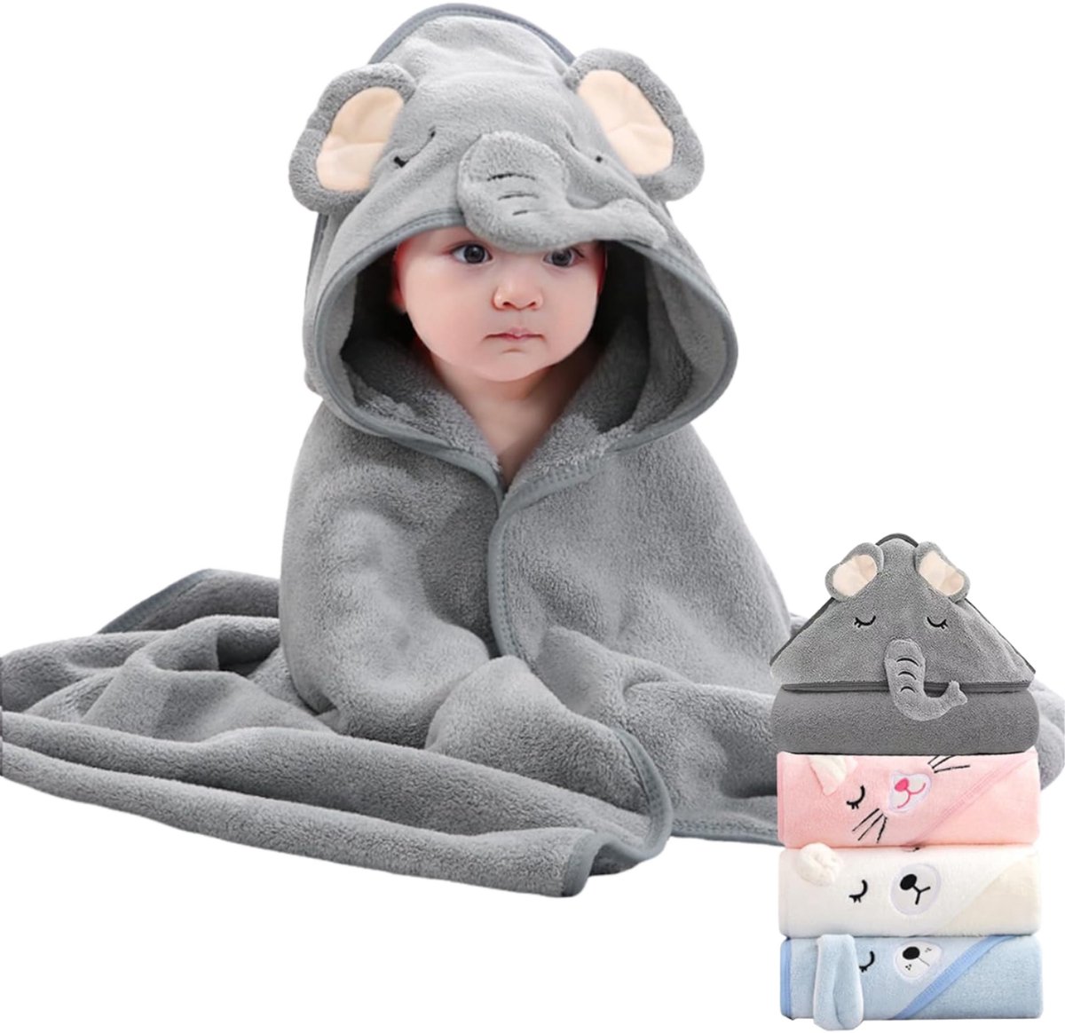 Ultra-zachte baby badcape met olifantenkap - Omslagdoek 80x80cm - Baby fleecedeken - Kraamcadeau