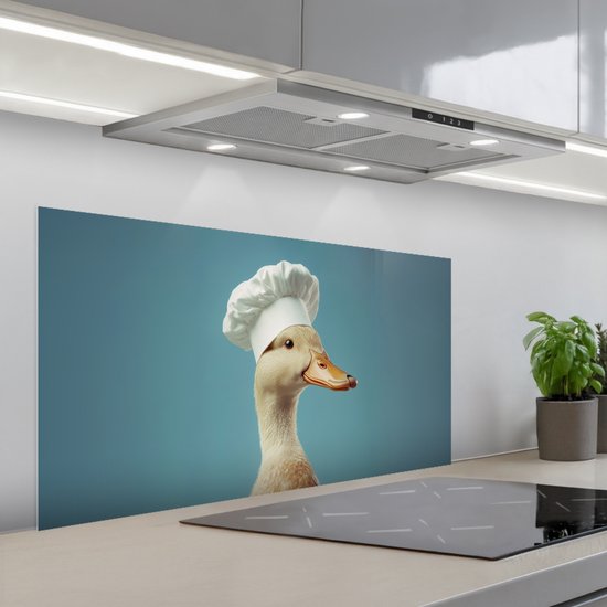 Spatscherm 100x50 cm - Zelfklevende achterwand Eend - Koksmuts - Cute - Vogel - Keuken muurbeschermer - Spatwand fornuis