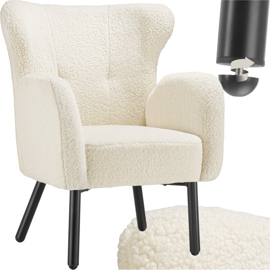 tectake® Fauteuil Vänersborg - Dik Gestoffeerde Relaxstoel met Bouclé Bekleding - Loungestoel met Armleuningen en Ergonomische Rugleuning - Relax Stoel voor Woonkamer - Beige / Crème