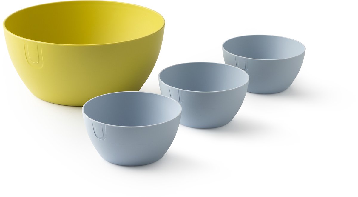 UBITE set – bio-based saladeschaal cyber geel (XL - Ø 27) + set van 3 bio-based bowls sky blauw (S - Ø 13) - saladeschaal/saladekom/kom/schaal/bakje/duurzaam
