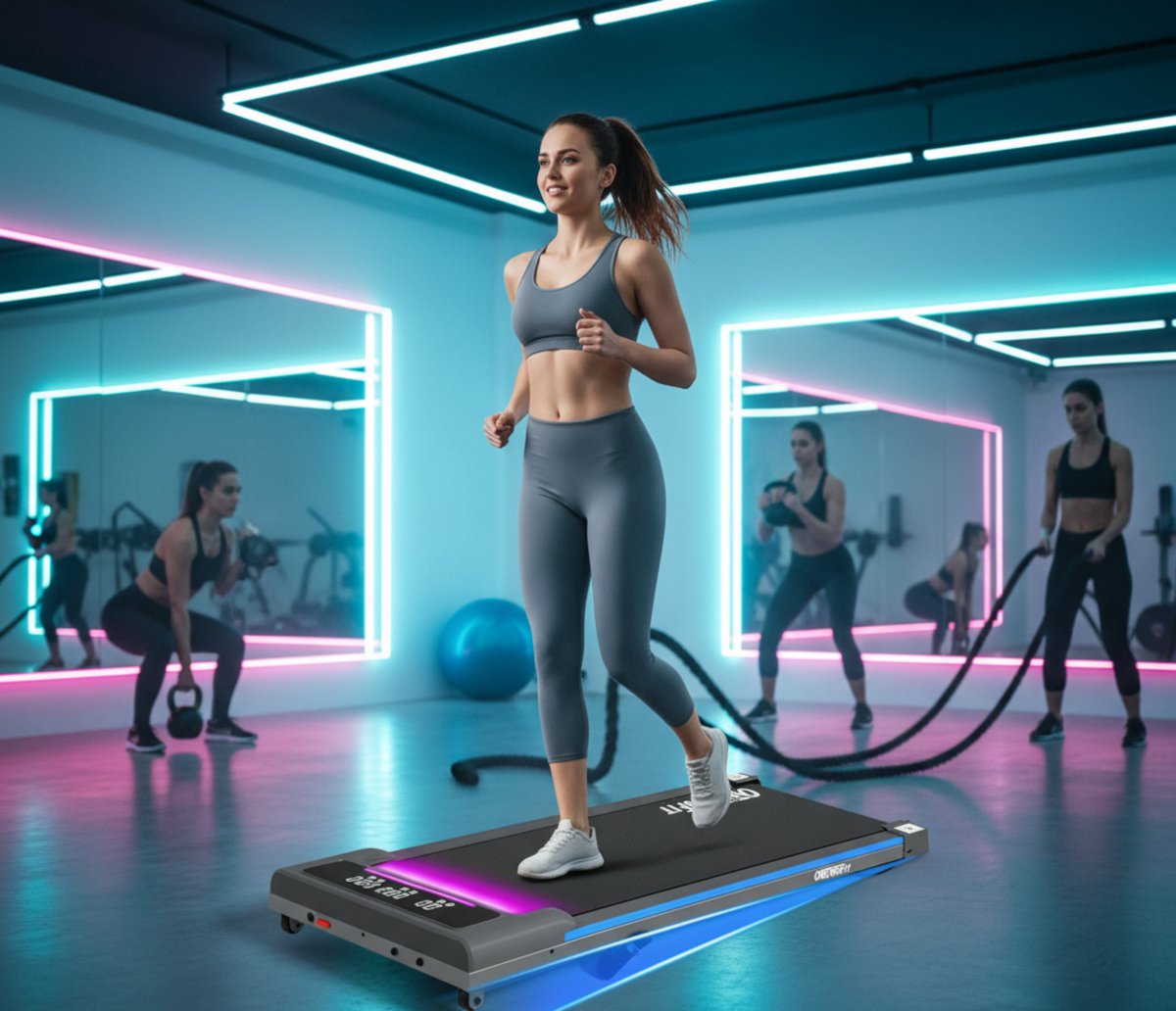 Treadmill Mini Loopband met Bureaufunctie en RGB-Verlichting – 3-Traps Helling, App- en Afstandsbediening, 4-in-1 Functionaliteit – Compact & Inklapbaar – Altameubel