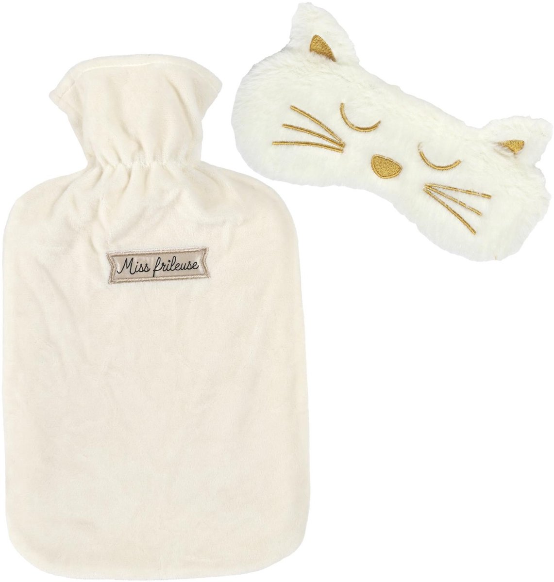 Sensly Warmwaterkruik en Masker - 2L - wit - satijn - kruik - met hoes - oogmasker - slaapmasker - cadeauset - valentijnsdag - moederdag