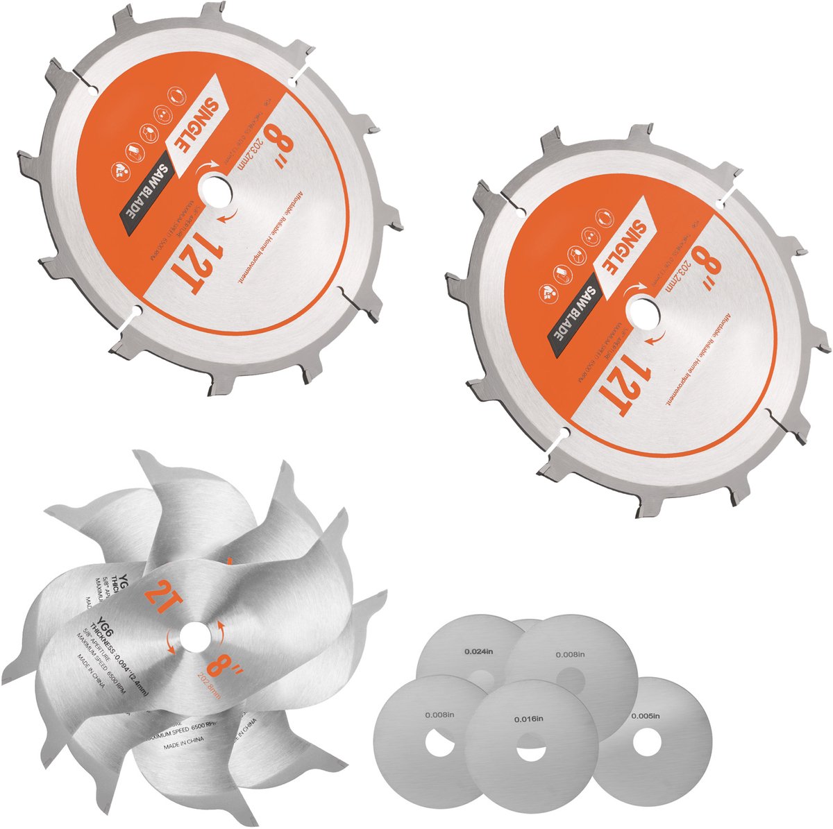 Dado Blade Set, 203mm Diameter, 12 Precisie Legeringsstaaltanden, 15,875mm Schaft, Gladde Afwerking, Stapelbare Bladen Met Chippers en Shims, Warmtedempende Luchtopeningen, Geschikt voor Multiplex, Osb en Hardhoutsnijden