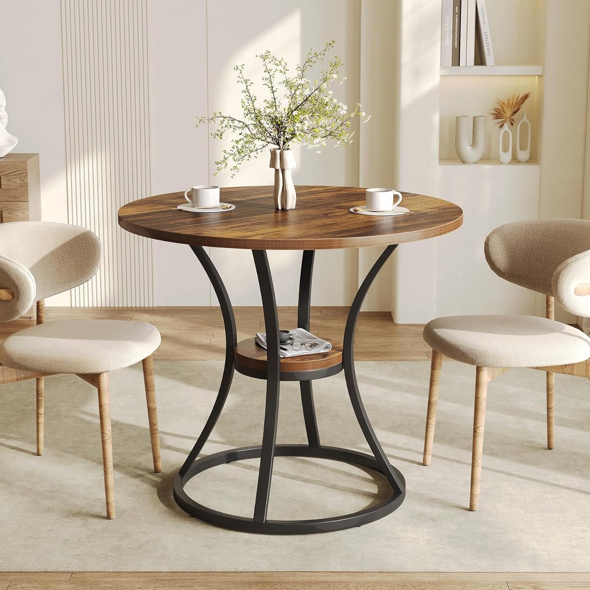 Tribesigns Ronde Eettafel - 80x80x75 cm - Kleine Esstisch für 2-4 Personen - Bruin - met Metalen Voet voor Eetkamer, Keuken, Woonkamer