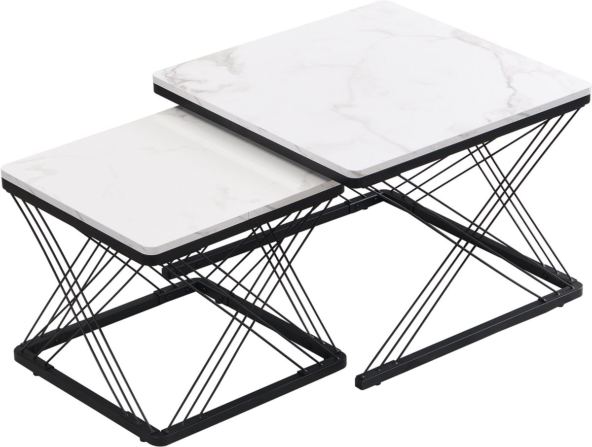REDOM 2-delig hoogglans salontafelset, vierkante MDF tafels 60×60×45 & 45×45×40 cm, marmerlook, verstelbare voeten Wit