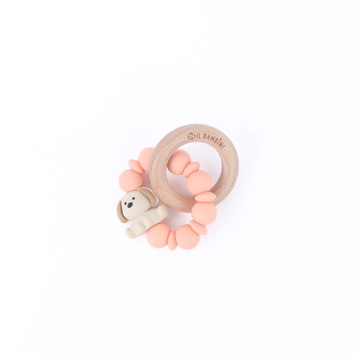 Il Bambini - Houten ringrammelaar - houten bijtring met siliconen kralen - kraamcadeau - pasteloranje met hond