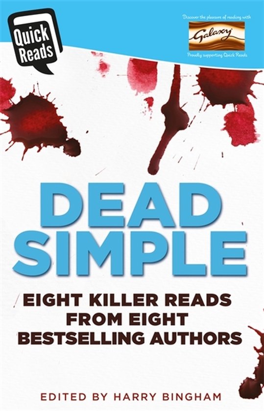 Boekomslag 'Dead Simple', met bloedspatten en blauwe tekst.