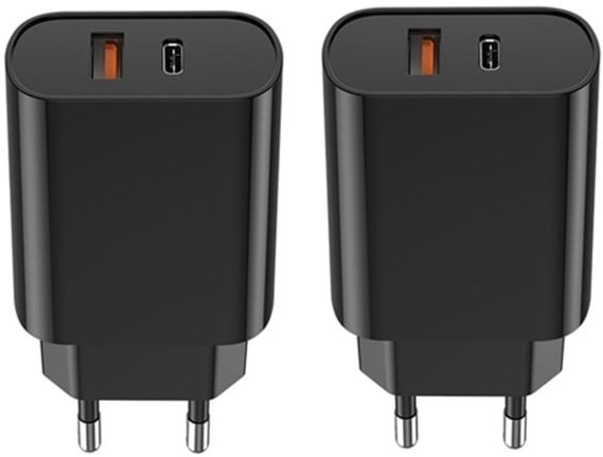 2 stuks OneOne 20W snellader met 2 poorten. Zwarte oplader met USB C en USB A. PD en Quick Charge lader adapter past op Sony Xperia 10, 10 II (2), 10 III (3), 10 III Lite (3), 10 IV (4), 10 V (5), 10 VI (5), 10 Plus