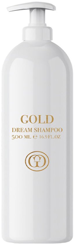 Witte pompflacon met 'GOLD DREAM SHAMPOO 500 ML' in gouden letters.