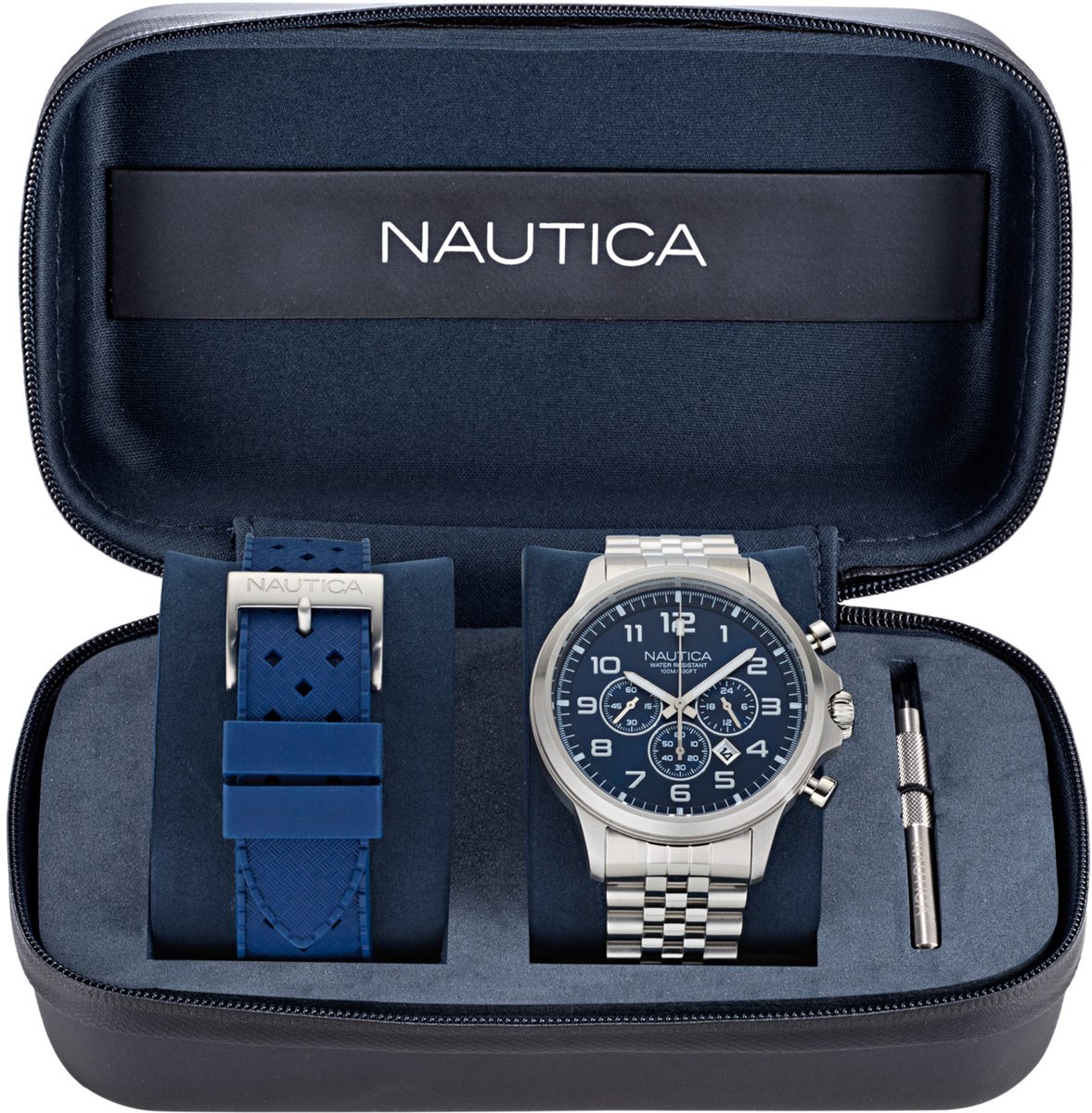 Nautica Nct Blueocean Analoog Horloge Zilverkleur En Blauw Case: 100% Roestvrij Staal | Armband: 100% Roestvrij Staal 45 mm NAPBOS405, NAPBOS406