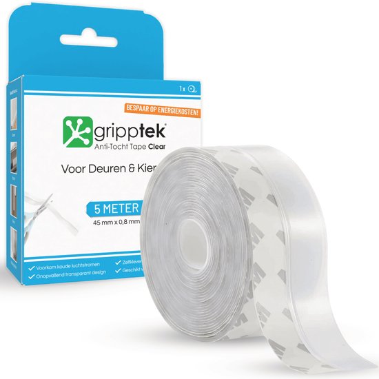 Doos met GrippTek Anti-Tocht Tape Clear, 5 meter x 45 mm, met rol tape ernaast. Tekst "BESPAAR OP ENERGIEKOSTEN! VOOR DEUREN & KIEREN."